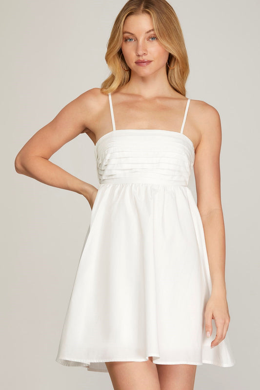 White Back Tie Pleated Halter Dress