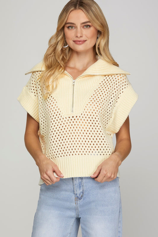Cream Drop shoulder 1/2 zip sweater vest
