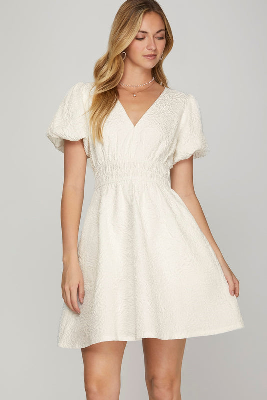 Puff Sleeve Solid Vneck Jaquard Dress Black or White