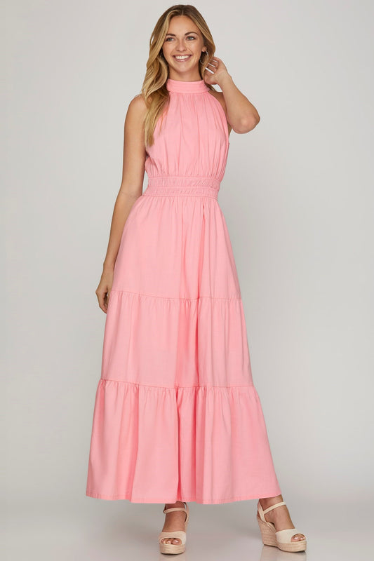 Pink Tie Back Tiered Halter Maxi