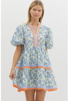 Pouf Sleeve Blue & White Floral Dress