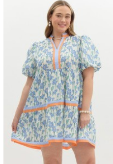 Curvy Pouf Sleeve Blue & White Floral Dress