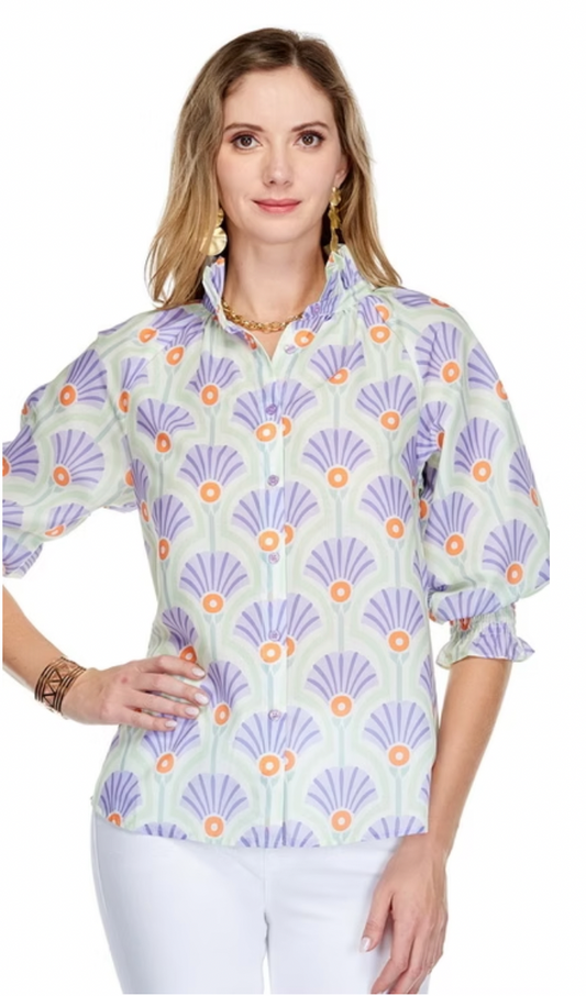 Lilac Fans Gathered Neck 3/4 Sleeve Blouse