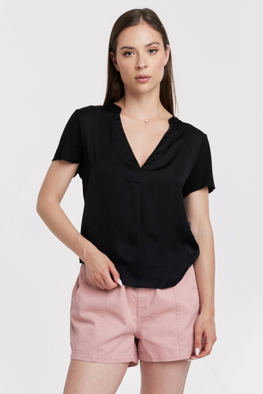Lilo Black Satin Short Sleeve Vneck Top
