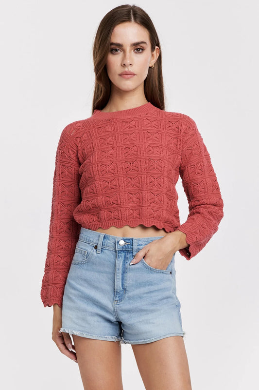Uma Dark Coral Scallop Trim Long Sleeve Sweater