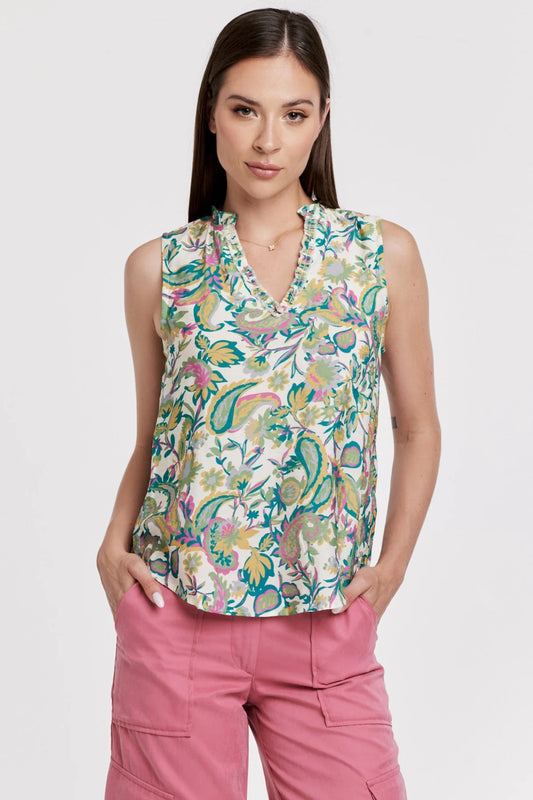 Fia Sleeveless Green Multi Paisley Ruffle VNeck Top