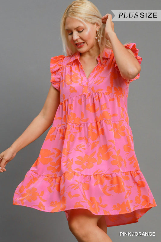 Pink and Orange print tiered dress
