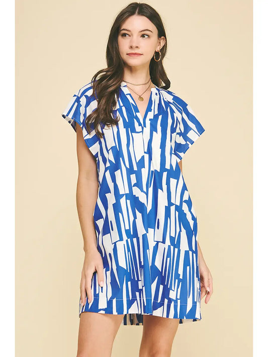 Blue & White Geo Print Short Sleeve Dress