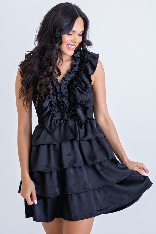 Blk Satin Ruffle Smock Vnk Dress