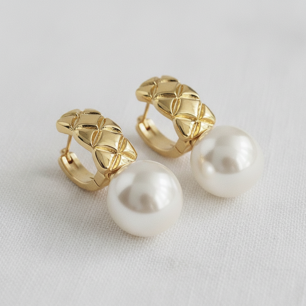 Geometric Woven Frame Pearl Stud Earrings