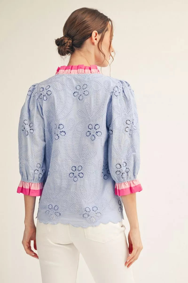Pink & Blue 3/4 sleeves button down eyelet top