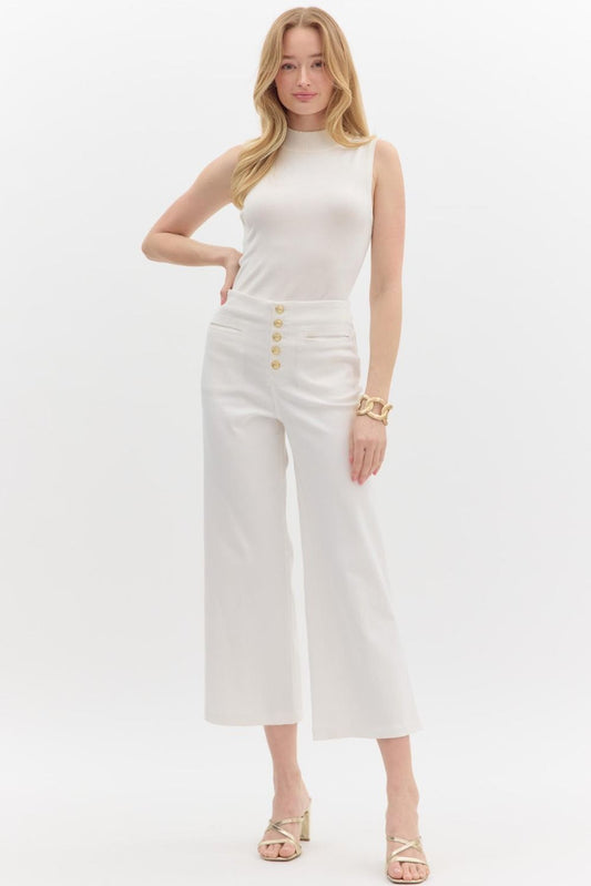 Gold Button Slit Pocket White Jean