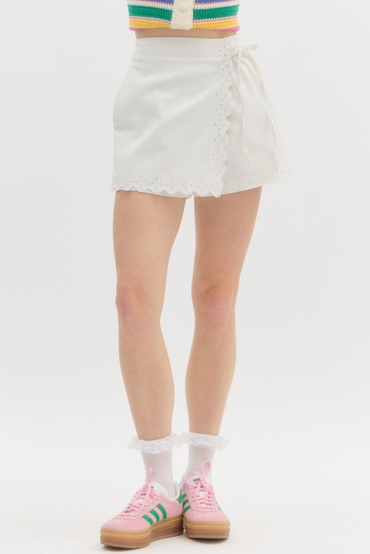Solid high-waist wrap skort w/ embroidered scallop finish