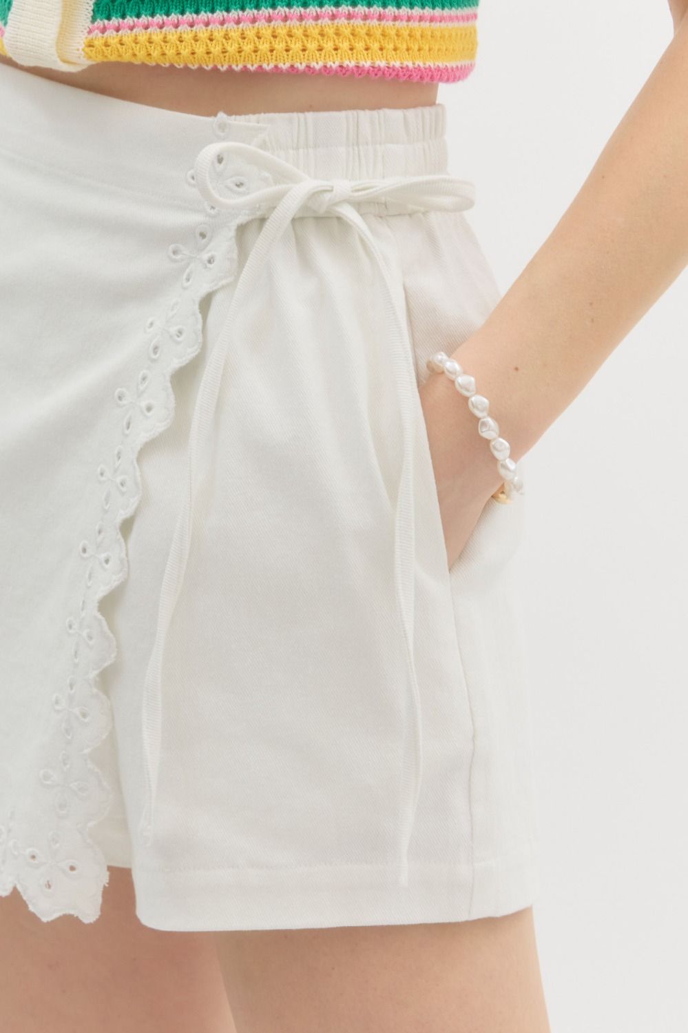 Solid high-waist wrap skort w/ embroidered scallop finish