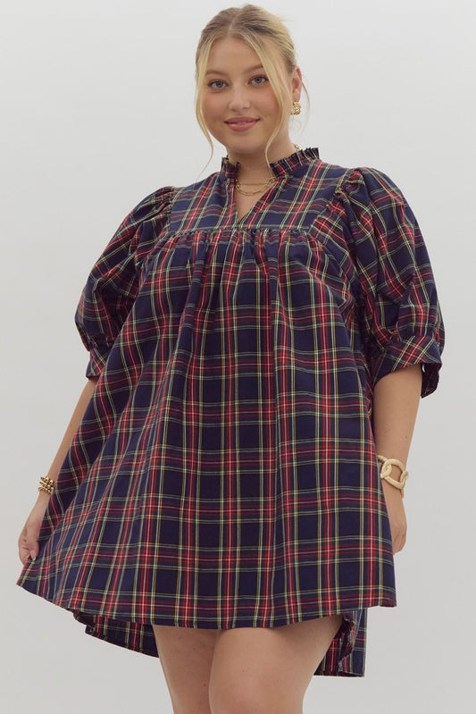Navy Plaid Short Sleeve Dress