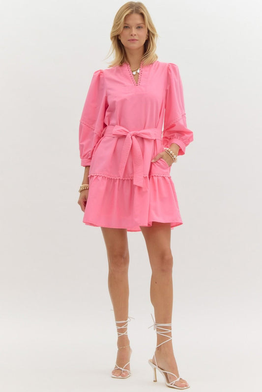 Pink Scallop Trim Belted Dress