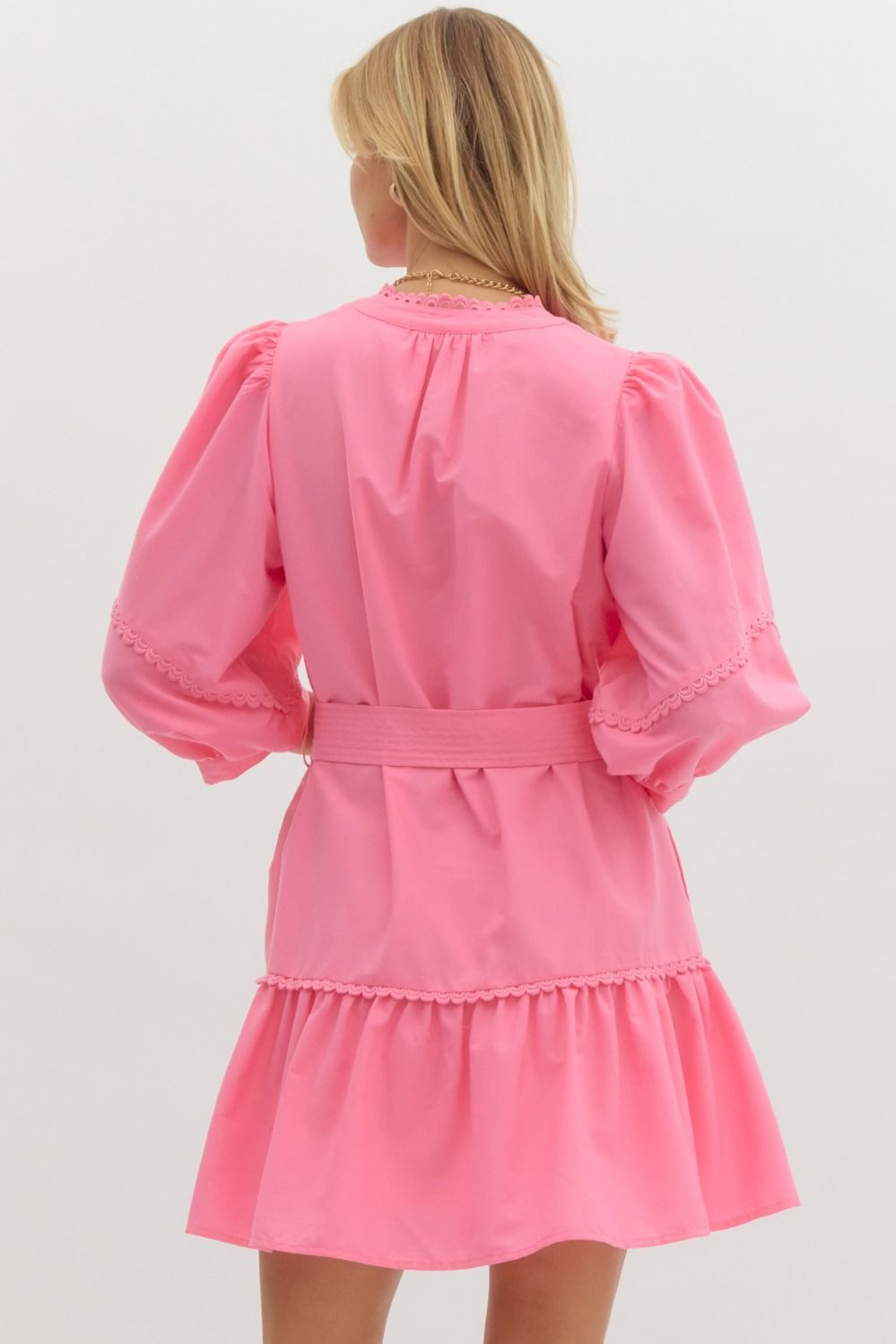 Pink Scallop Trim Belted Dress