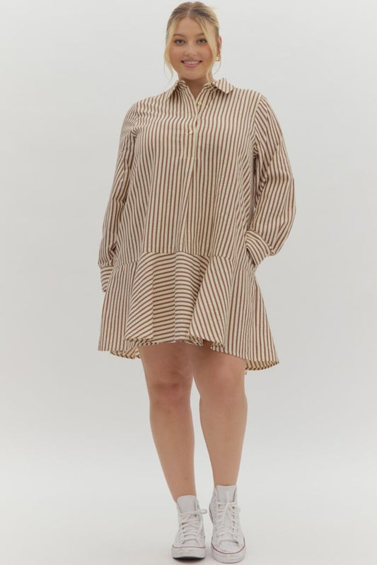 Tan & Cream Stripe Flounce Dress