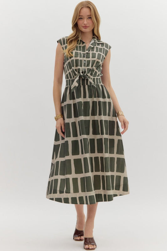 Olive Abstract print sleeveless midi dress