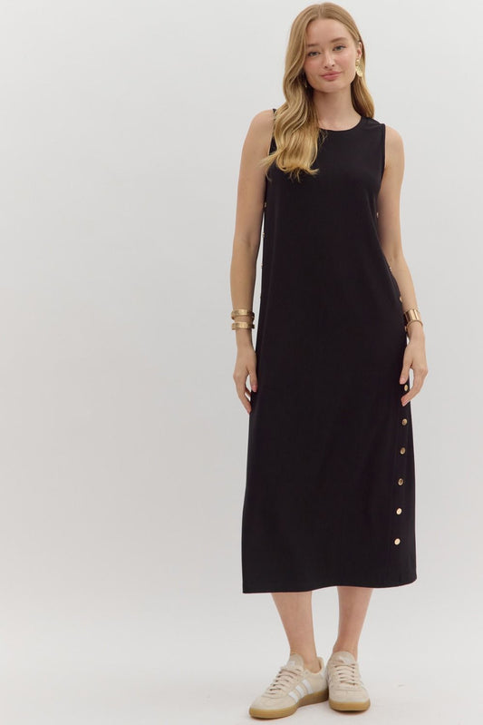 Black Solid rib textured sleeveless pullover midi dress