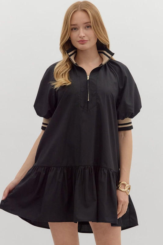 Black Solid puff sleeve ruffle hem mini dress