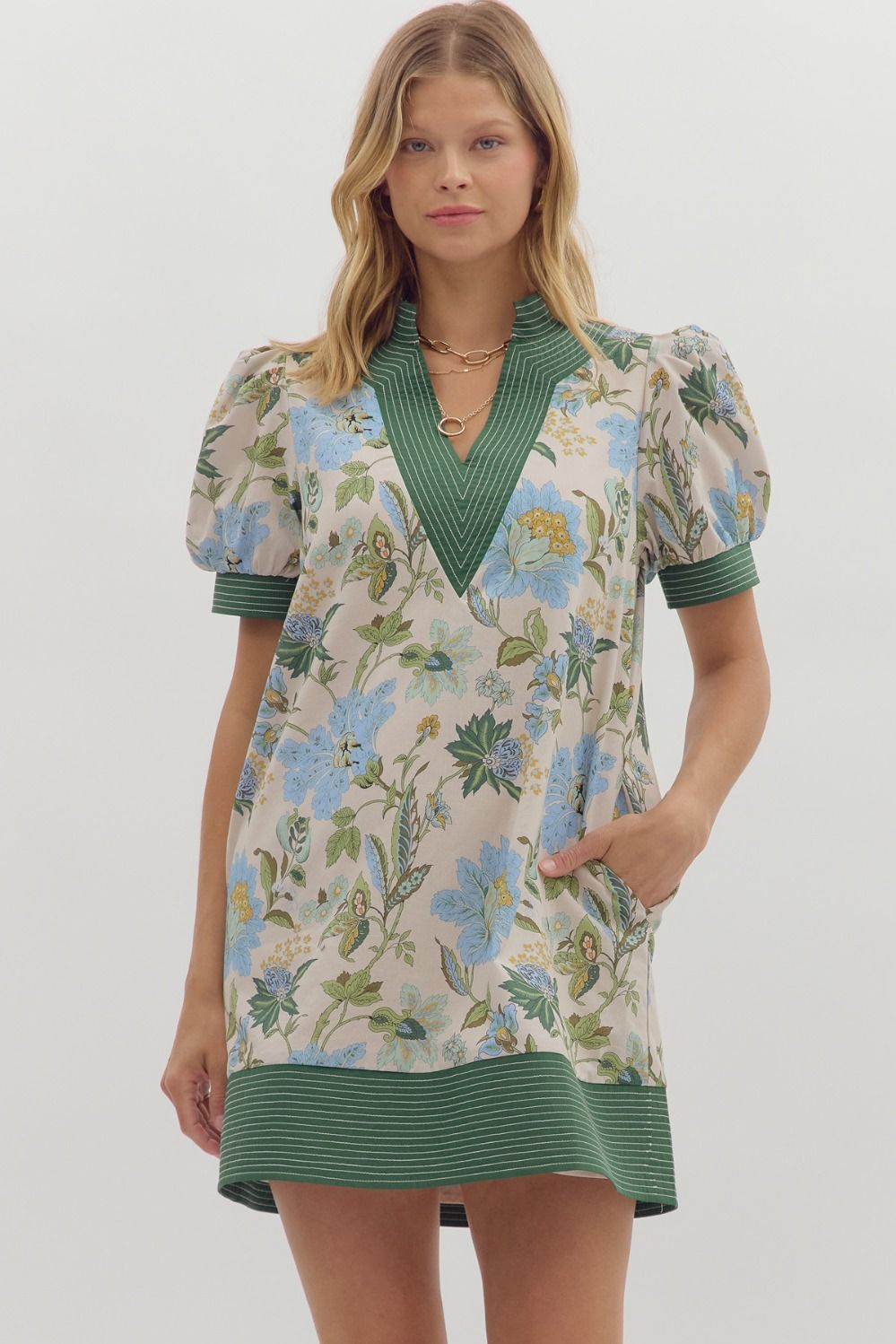 Green Floral print short puff sleeve pullover mini dress