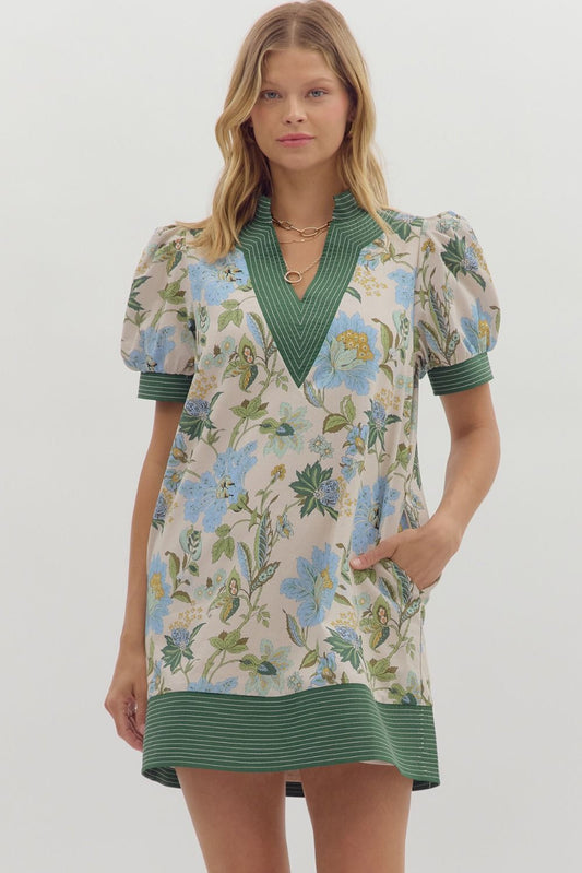 Green Floral print short puff sleeve pullover mini dress
