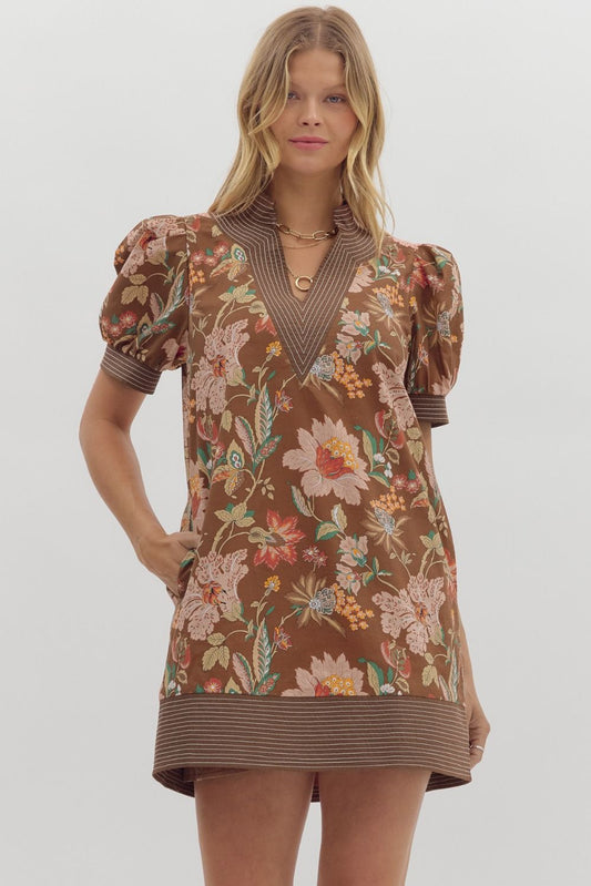 Brown Floral Short Puff Sleeve Pullover Mini Dress