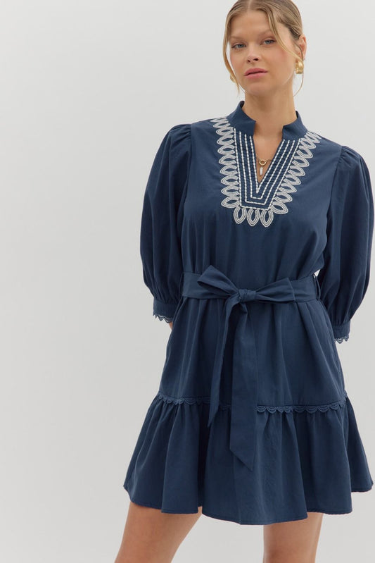 Navy Solid ¾ cuff band sleeve scallop trim inset ruffle hem mini dress