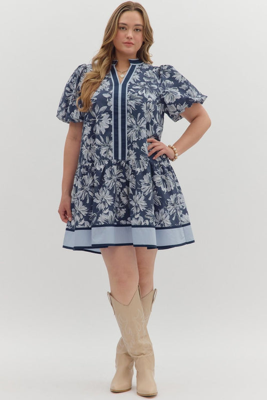 Navy Floral print short bubble sleeve ruffle hem mini dress +