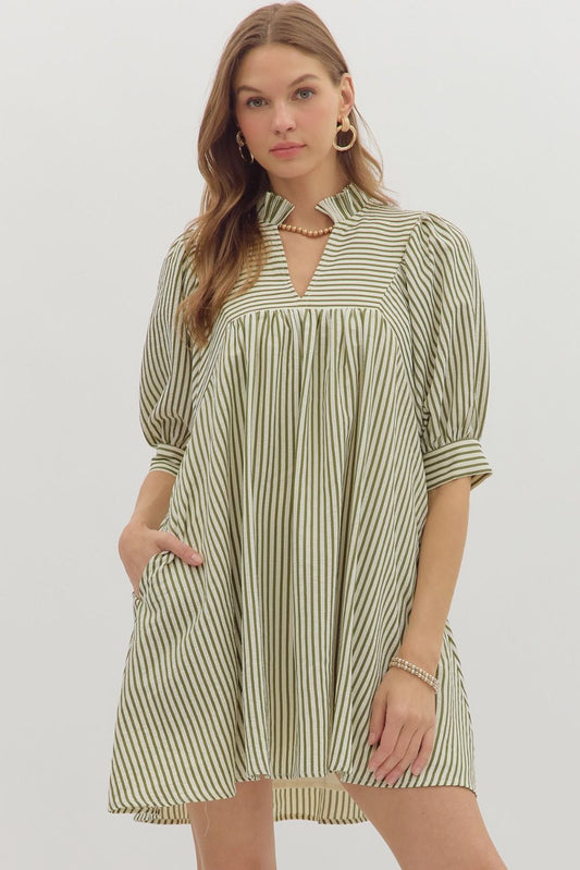 Striped seersucker ¾ puff sleeve mini dress