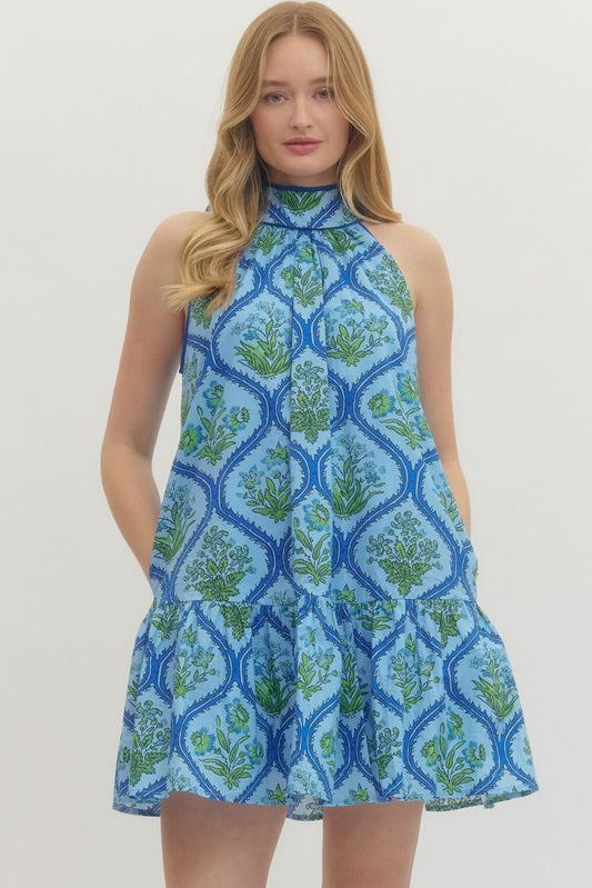 Blue Botanical print sleeveless mini dress