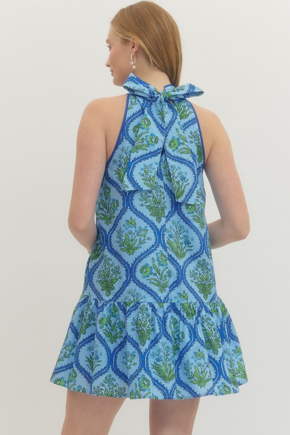 Blue Botanical print sleeveless mini dress