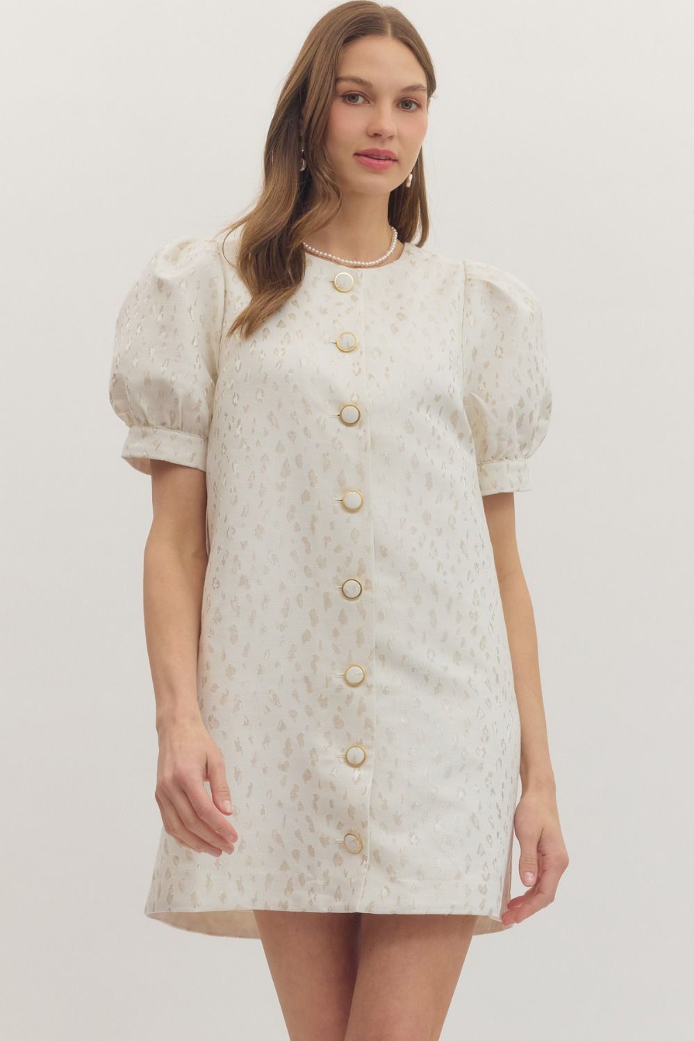 White Textured jacquard short puff sleeve mini dress