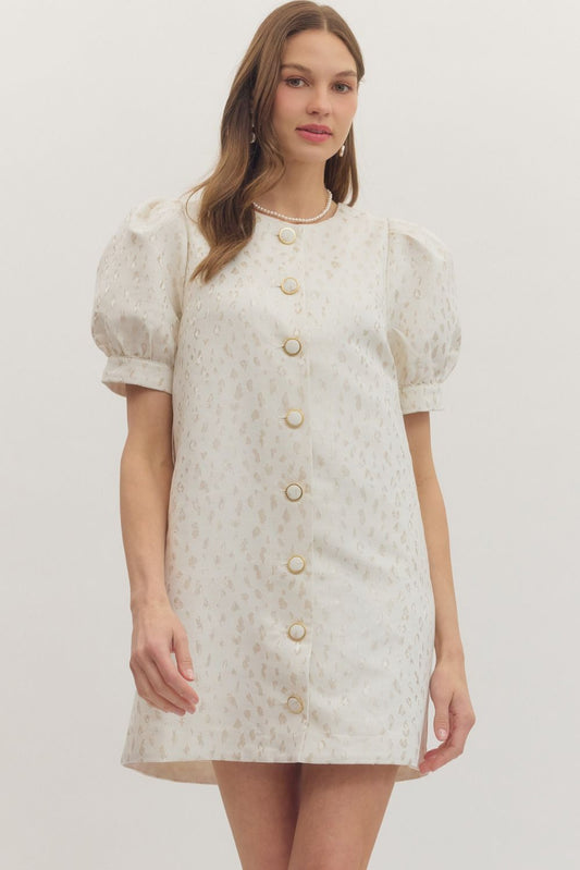 White Textured jacquard short puff sleeve mini dress