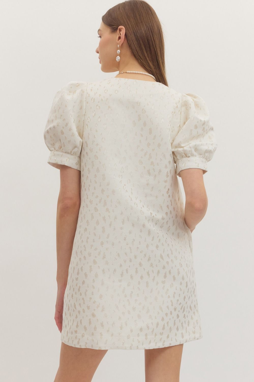 White Textured jacquard short puff sleeve mini dress