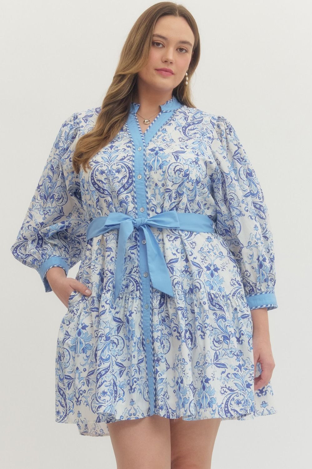 Blue Printed long puff sleeve mini dress +