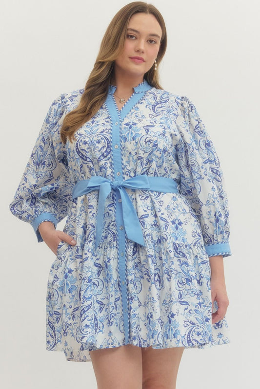 Blue Printed long puff sleeve mini dress +