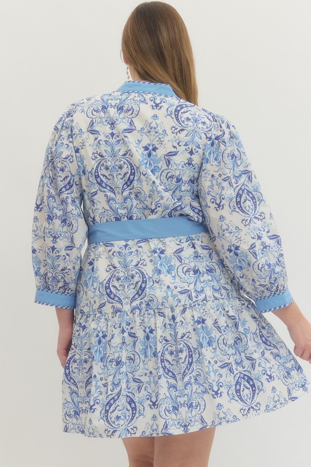 Blue Printed long puff sleeve mini dress