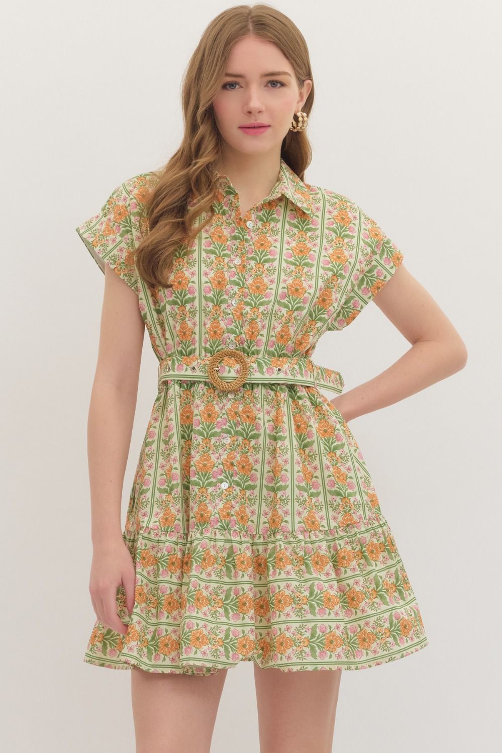 Botanical stripe print flutter sleeve mini dress