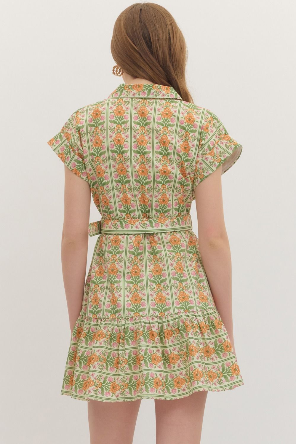 Botanical stripe print flutter sleeve mini dress