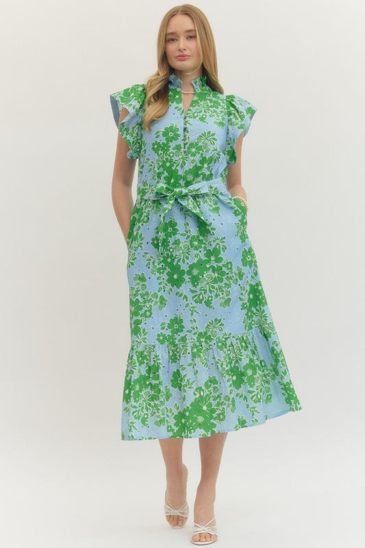 Blue and Green floral print flutter sleeve midi dress