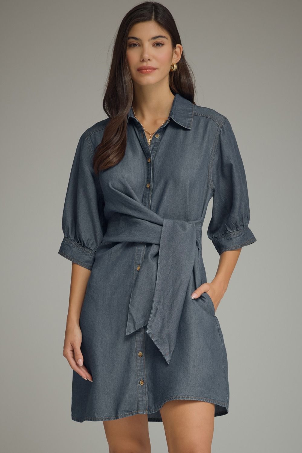 Solid ¾ sleeve denim mini dress