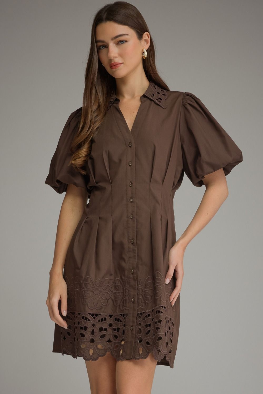 Brown Solid short puff sleeve mini dress