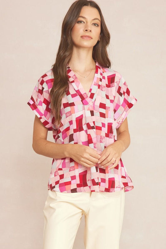 Pinks Geo Sleeveless Vneck Tunic Top