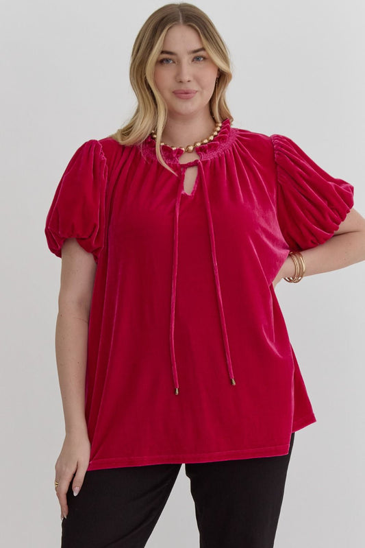 Pouf Sleeve Smock Neck Velvet Top