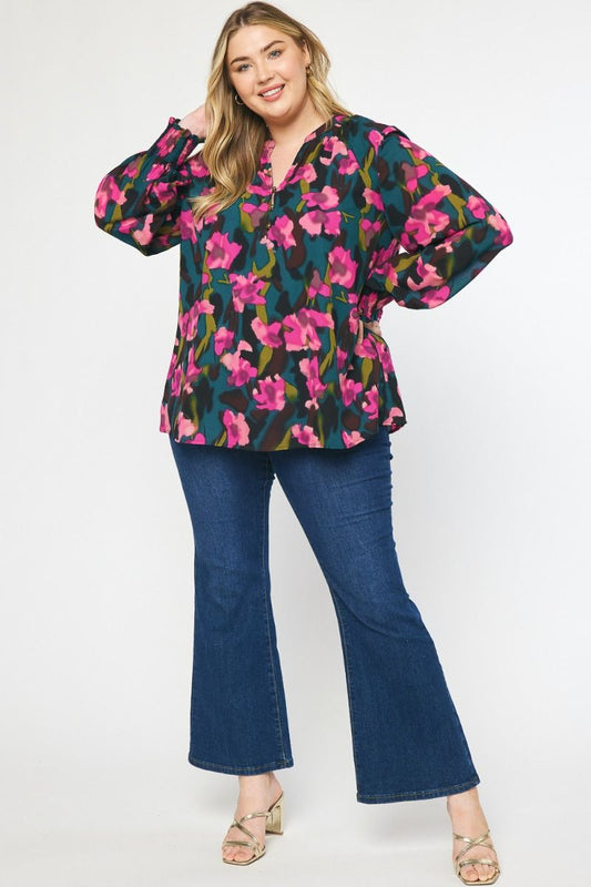 Green & Pink Floral Long Sleeve Vneck Top
