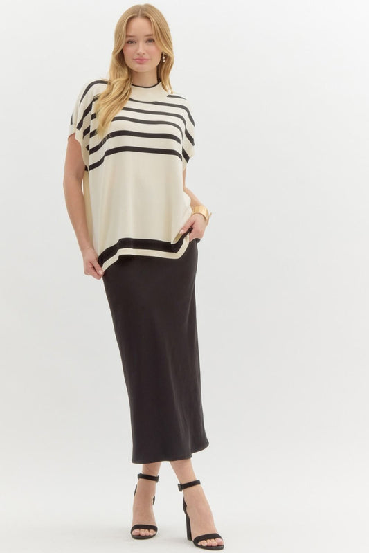 Cream & Black Stripe Mock Neck Sweater Vest