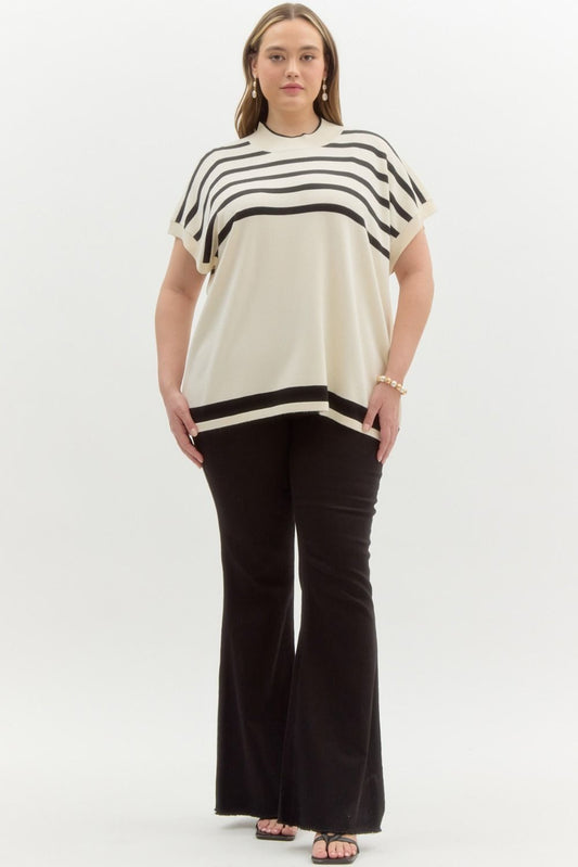 Curvy Cream & Black Stripe Mock Neck Sweater Vest
