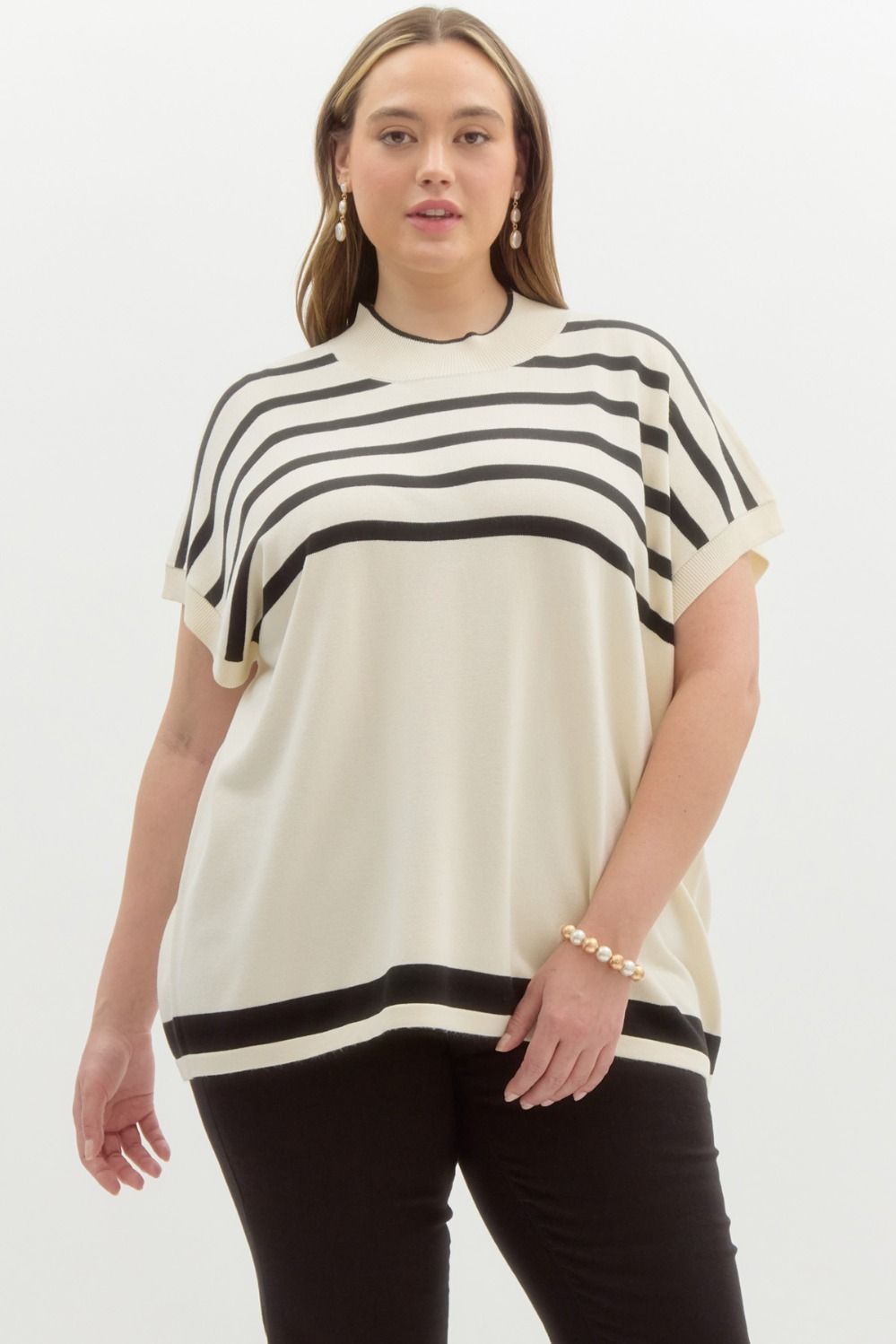 Curvy Cream & Black Stripe Mock Neck Sweater Vest
